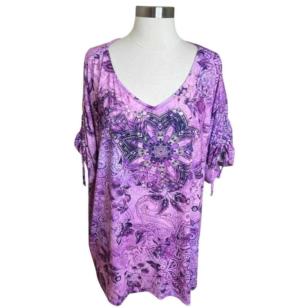 Catherines Top Womens 2X Purple Geometric Floral Cinched Short Sleeve Boho